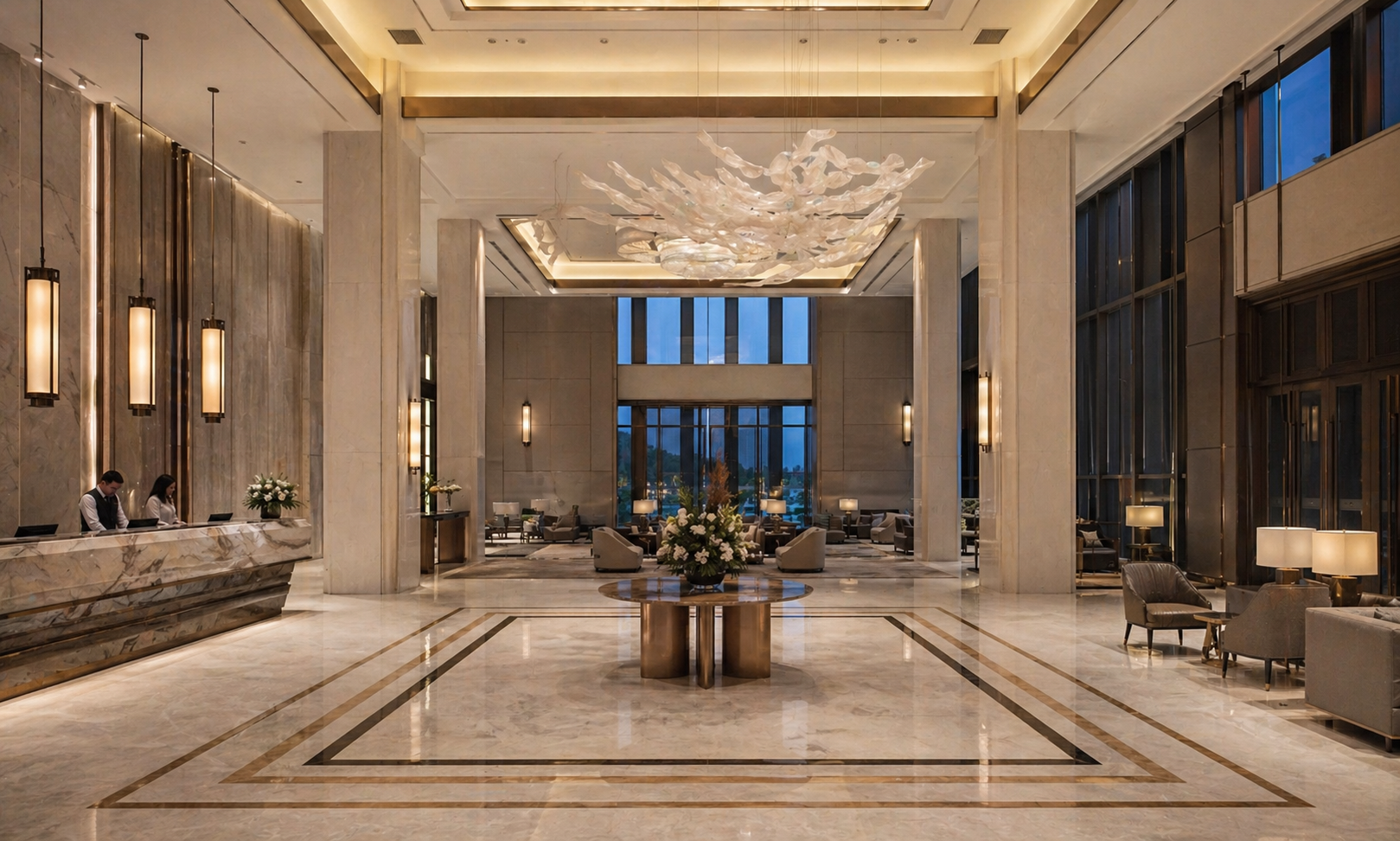 Adriatik Residences lobby render — branded residences interior, Durrës